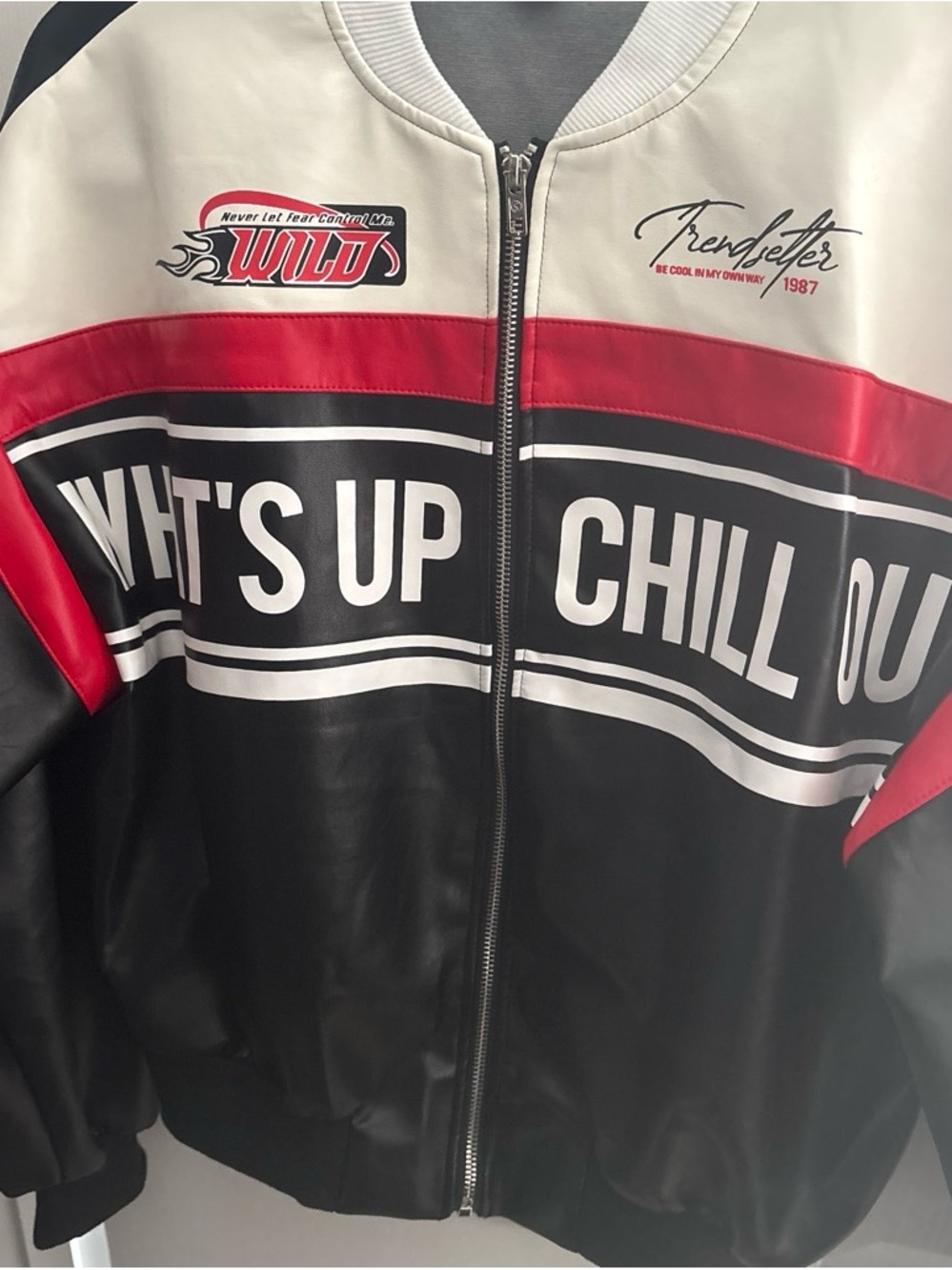 Trendsetter 'What's Up Chill Out' Colorblock Bomber Jacket - Black/White/Red